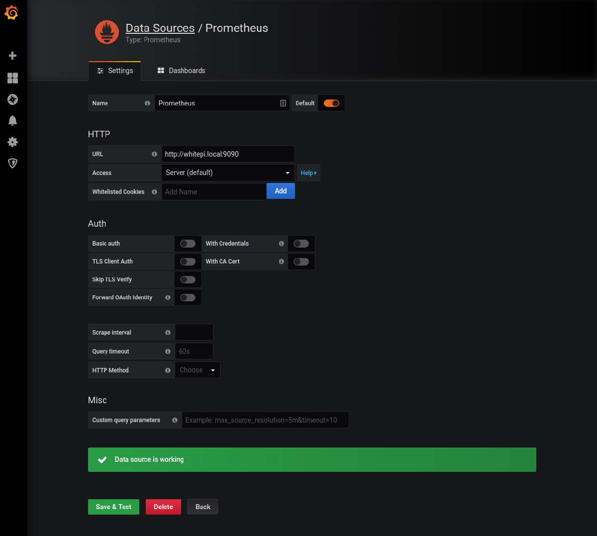 Selecting Prometheus as a source of data for Grafana